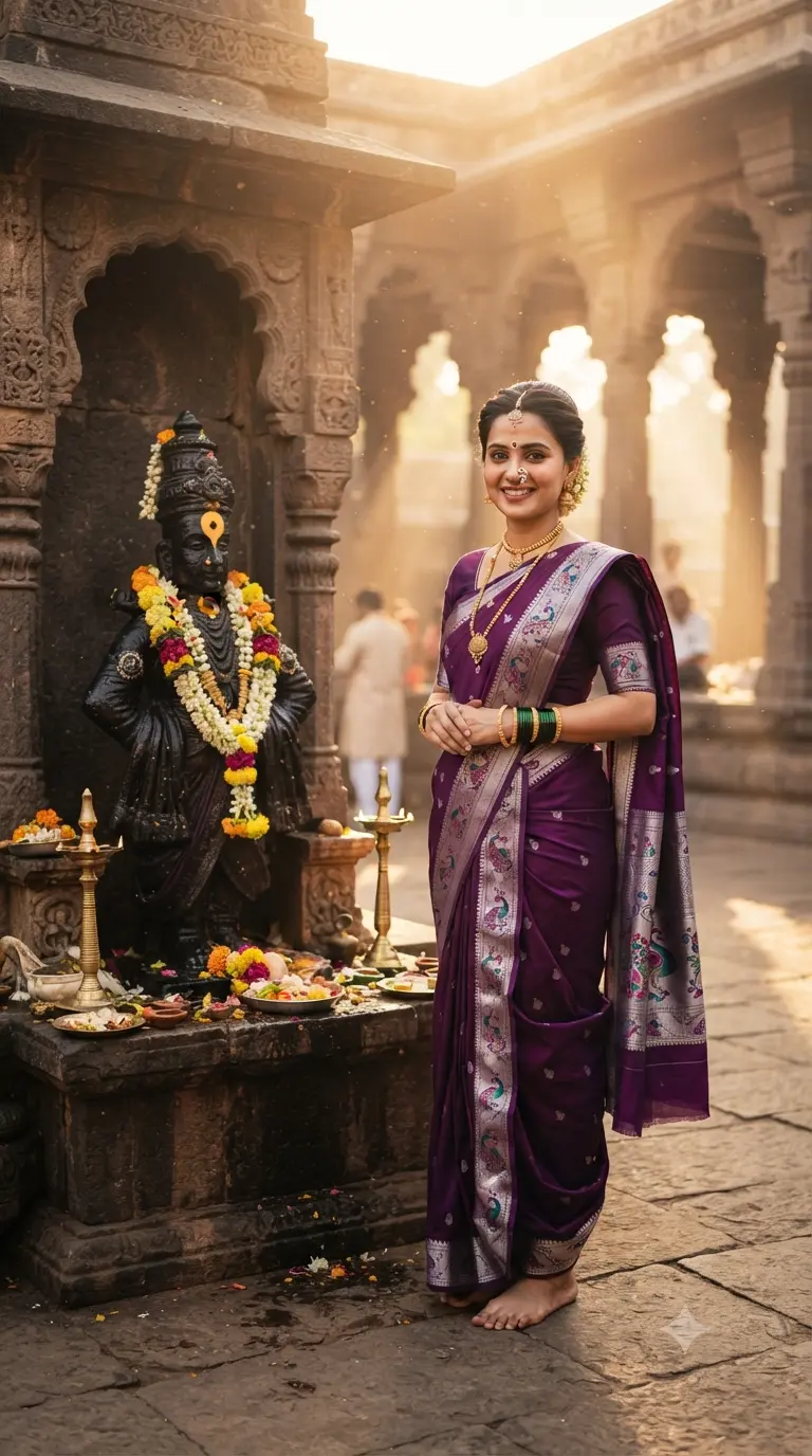 Lord Vitthal She is dressed in a traditional deep purple Paithani saree